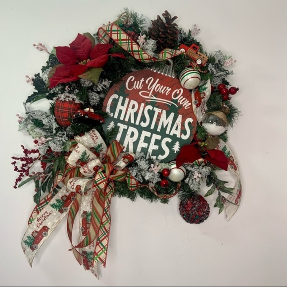 New Floral Rustic Christmas Farmhouse Pine Wreath Red Truck Trees Sign